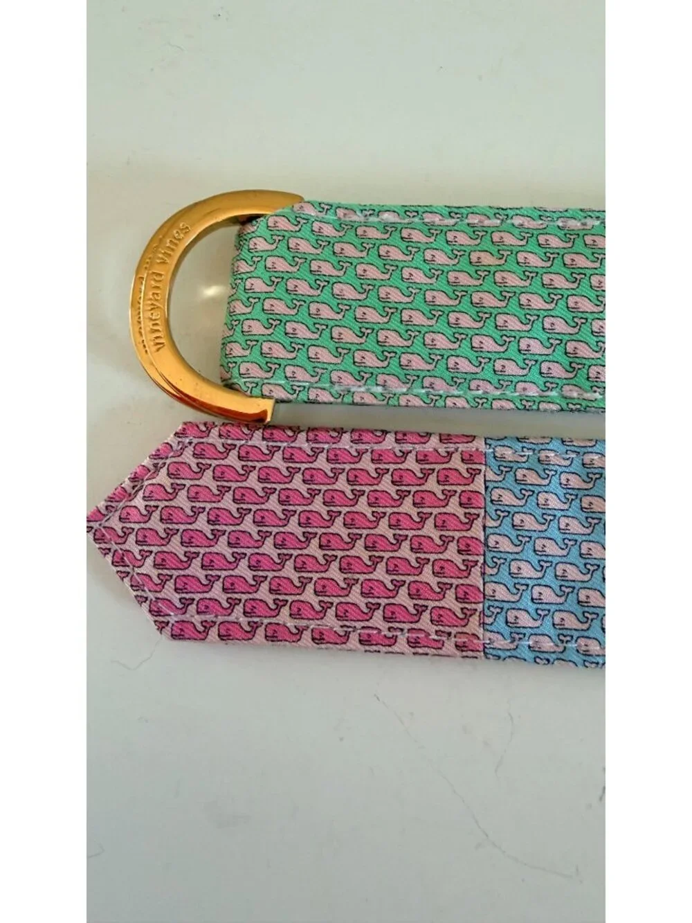 Vineyard Vines Patchwork Whale Design Silk D-Ring Belt Large Adjustable Preppy